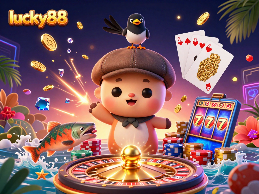 Spin the reels and win at lucky88 with cartoon Nessie and friends amidst vibrant casino elements.