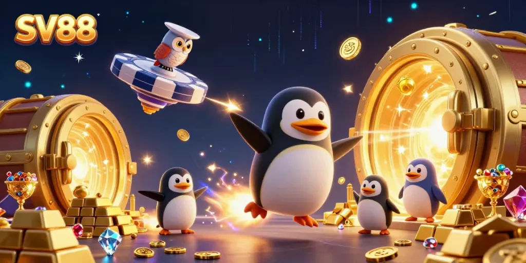 Experience the thrill of SV88 with golden penguins soaring past a lively casino!