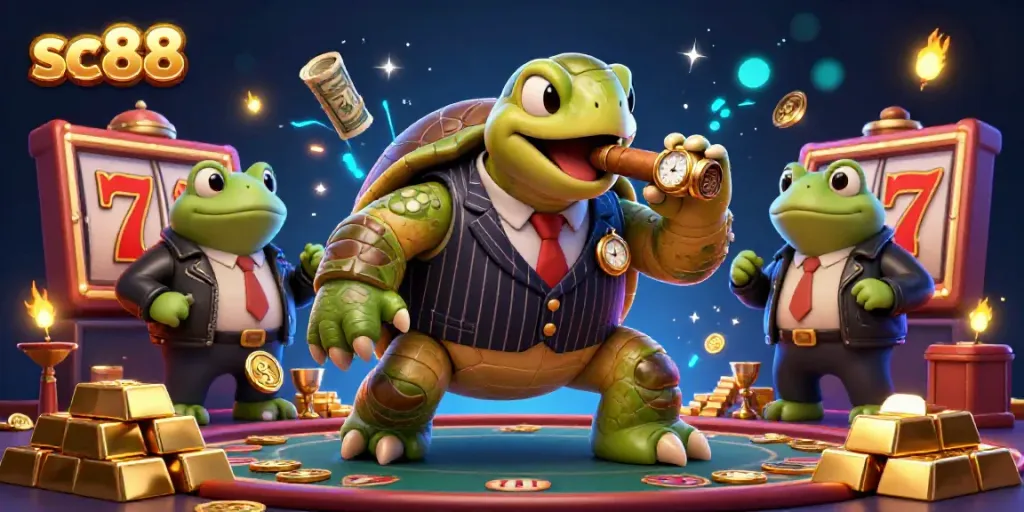 Experience sc88's dynamic casino atmosphere with a cartoon turtle and bullfrog enforcers surrounded by slot reels and treasure.
