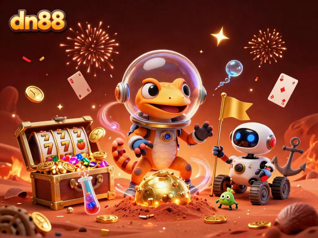Engage with exciting wins at dn88, featuring a Martian gecko discovering a treasure-laden casino!
