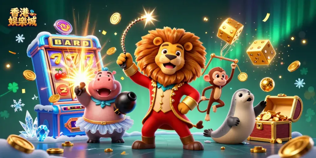 Experience thrilling gaming at 香港娛樂城 with vibrant characters amid dynamic casino elements, vivid jackpot action!