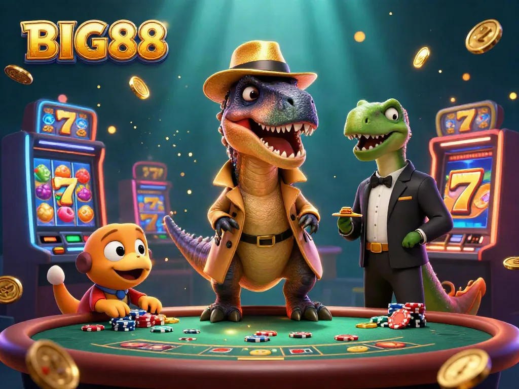BIG88 slot game action with animated characters in a lively casino setting, showcasing excitement and dynamic play.