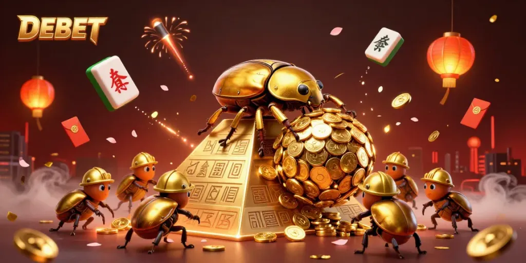 Experience thrilling gameplay at DEBET with golden coins, colorful lanterns, and festive casino symbols.