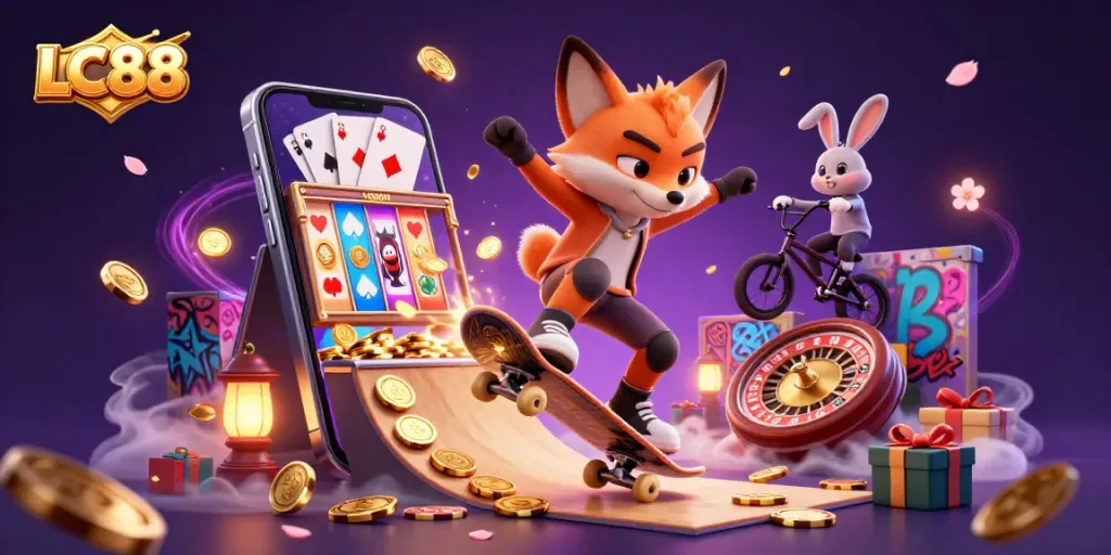 Experience thrilling gaming moments with LC88's dynamic casino scene featuring vibrant characters and game elements.