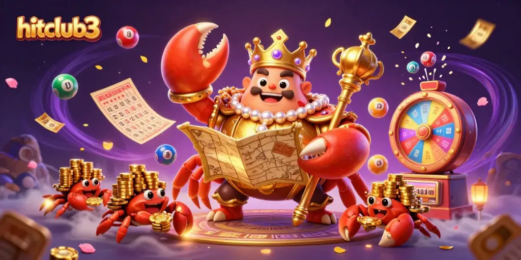 Experience excitement at hitclub3 with a vibrant, dynamic scene of a golden crab emperor amidst lottery thrills.
