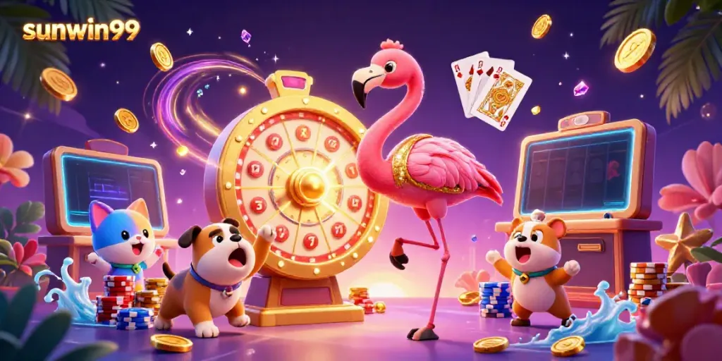Spin to win with sunwin99 in this vibrant casino scene filled with excitement and prizes.