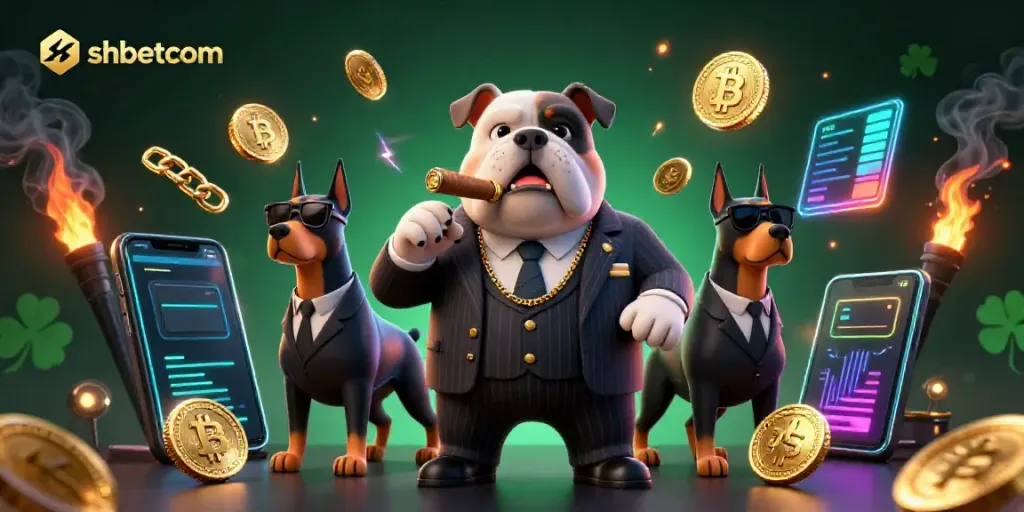 Engage in thrilling action with shbetcom in a vibrant 3D casino scene featuring a mafia bulldog and crypto elements.
