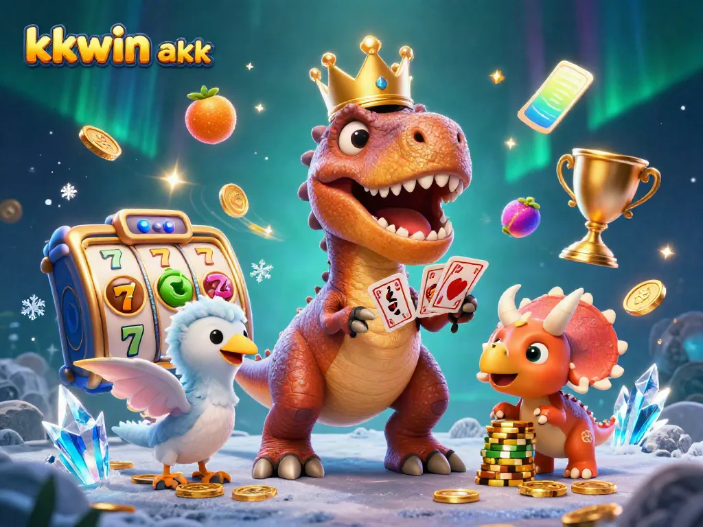 Engage in excitement with kkwin apk, featuring a playful T-Rex shuffling cards in a lively casino scene.