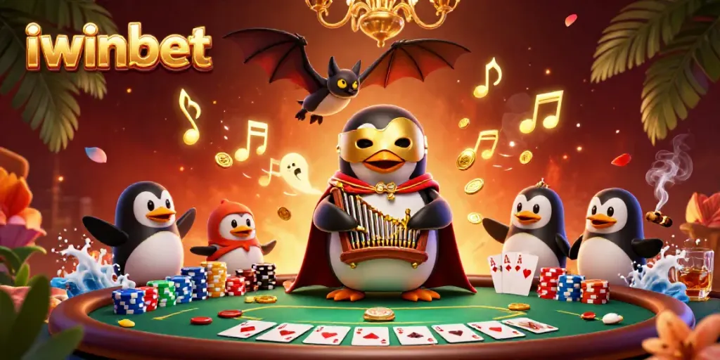Play exciting games at iwinbet with the whimsical opera penguin and gaming elements.