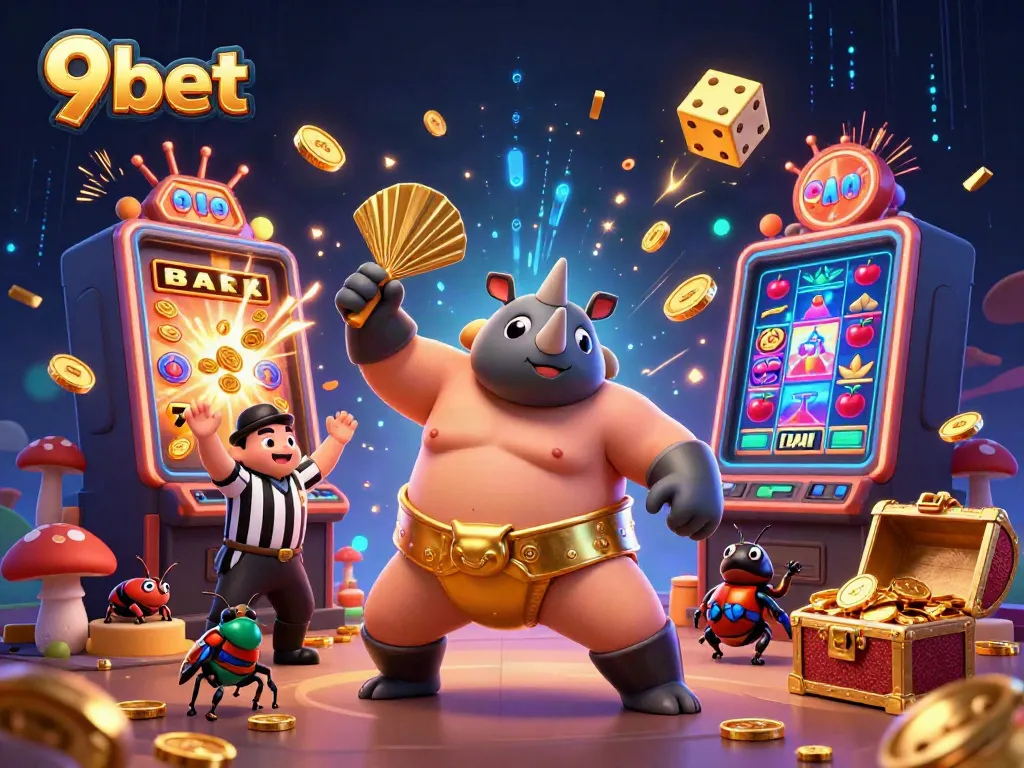 Experience the thrill of 9bet's lively casino with a cartoonish sumo beetle and vibrant game elements.