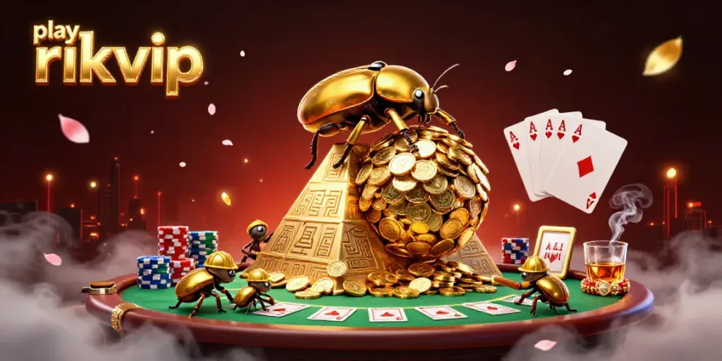 Experience the thrill to play rikvip with a captivating scene of golden beetles amidst vibrant casino elements.