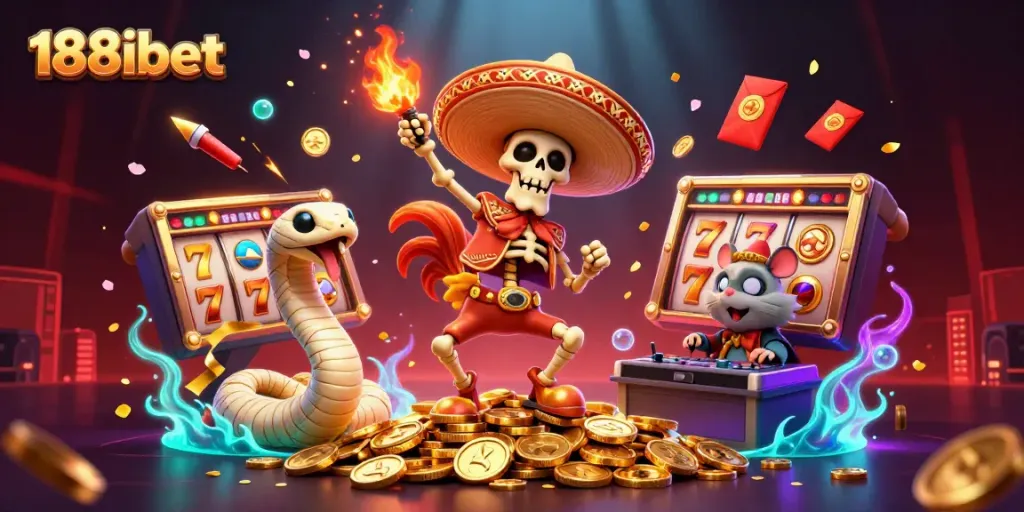 Spin the reels at 188ibet with a vibrant scene featuring a mariachi rooster and a mummy snake celebrating amidst golden coins and lucky symbols.