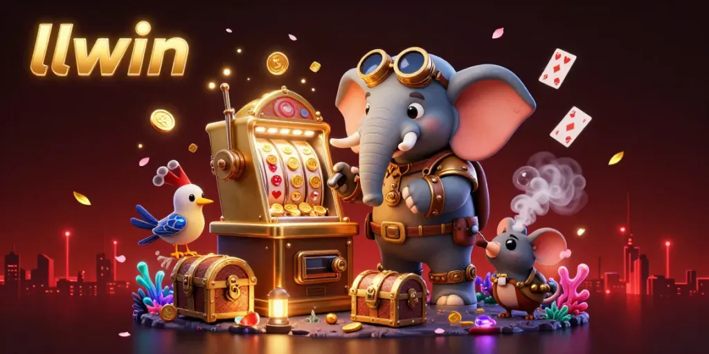 Engage with llwin's vibrant 3D casino scene featuring a steampunk elephant operating a slot machine, surrounded by treasure.