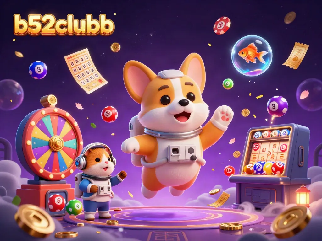 Engage with b52clubb's vibrant casino scene featuring a corgi in space surrounded by dynamic gaming elements.