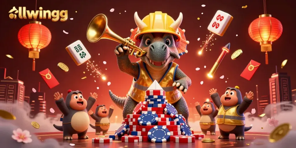 Celebrate with llwingg's dynamic casino scene featuring a triceratops and friends amidst poker chips and festive elements.