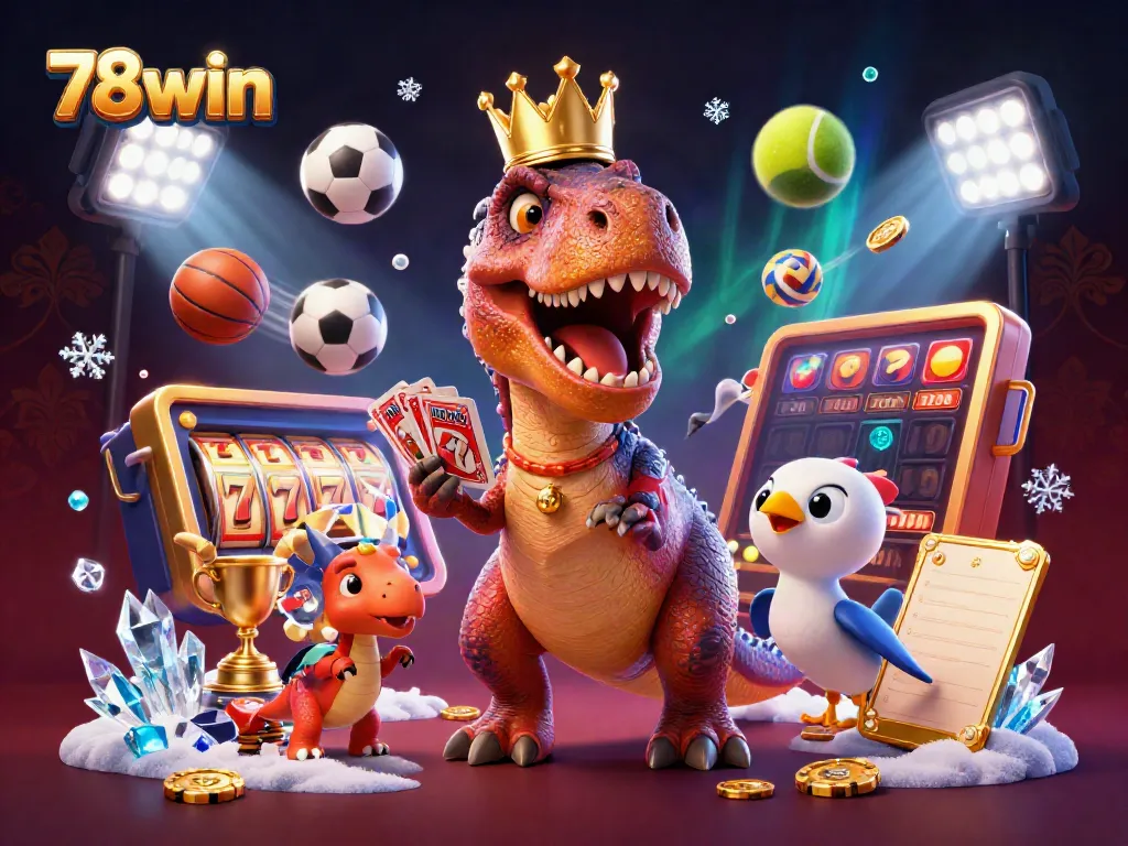 Engage in thrilling eGaming with 78win's vibrant characters and enticing casino elements in a dynamic illustration.