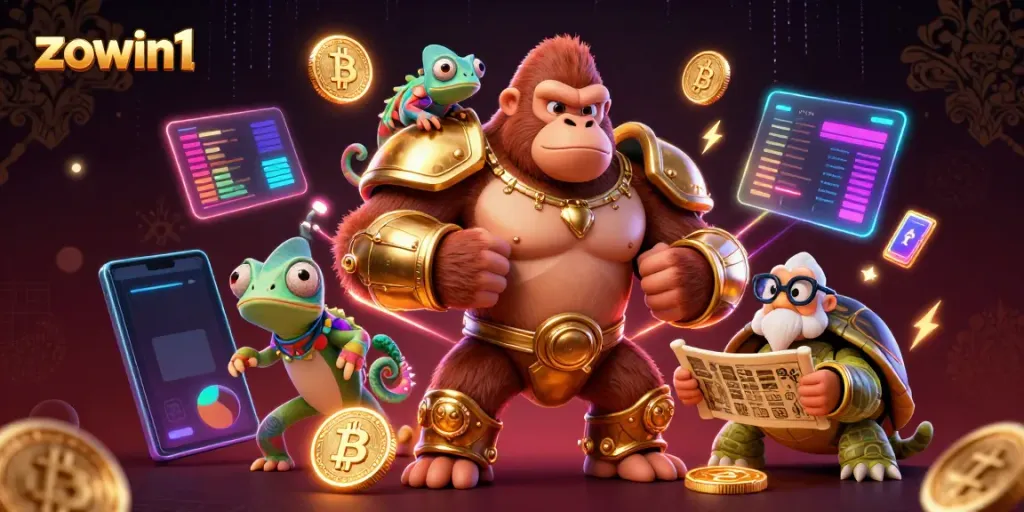 Experience epic gaming adventures with zowin1, featuring a gorilla king, chameleon spy, and tortoise elder in a vibrant 3D scene.
