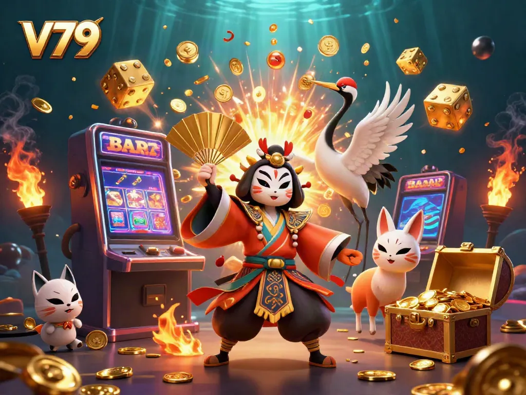 Witness the thrilling V79 slot experience with dynamic characters and casino elements.