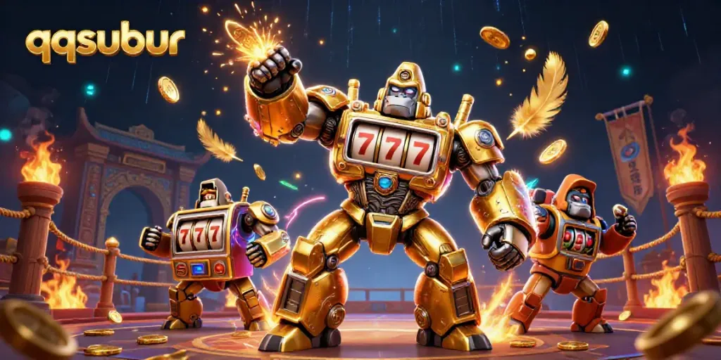 Engage with qqsubur's exciting atmosphere, featuring an epic golden gorilla mech amidst vibrant gaming elements.