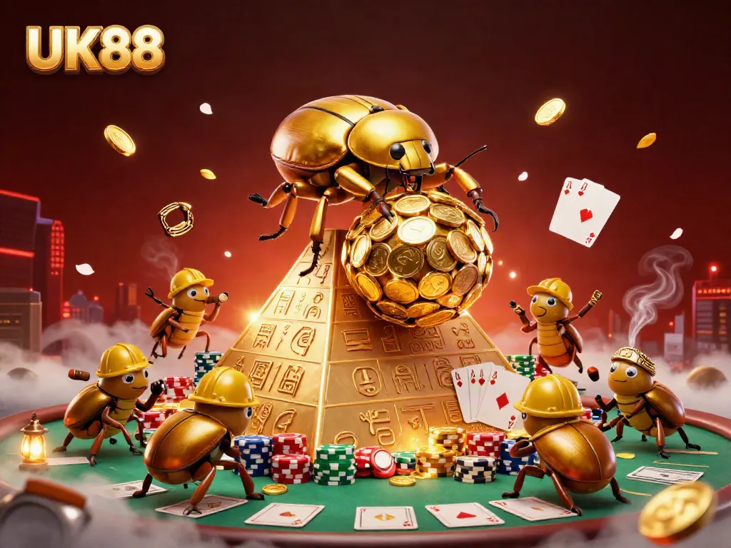 Engage with the UK88 casino experience featuring golden beetles in a vibrant 3D scene.