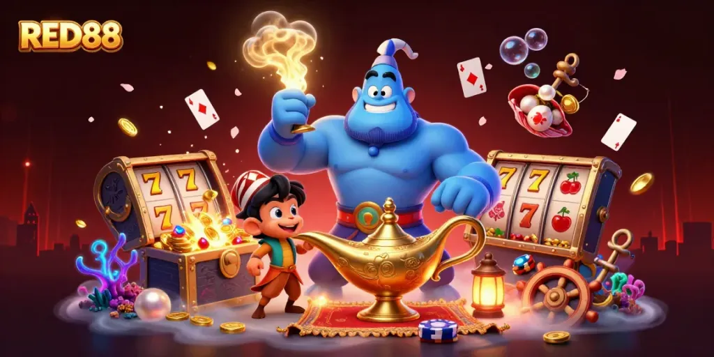 Engage with the vibrant world of RED88 casino featuring a mystical genie and poker elements.