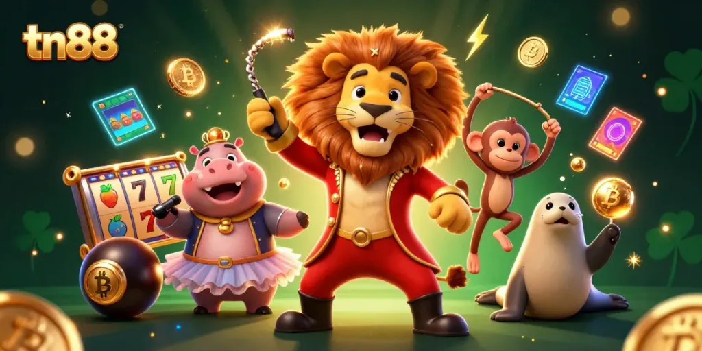 Engage with tn88 casino gaming through a vibrant scene of a circus ringmaster lion and characters celebrating winnings.