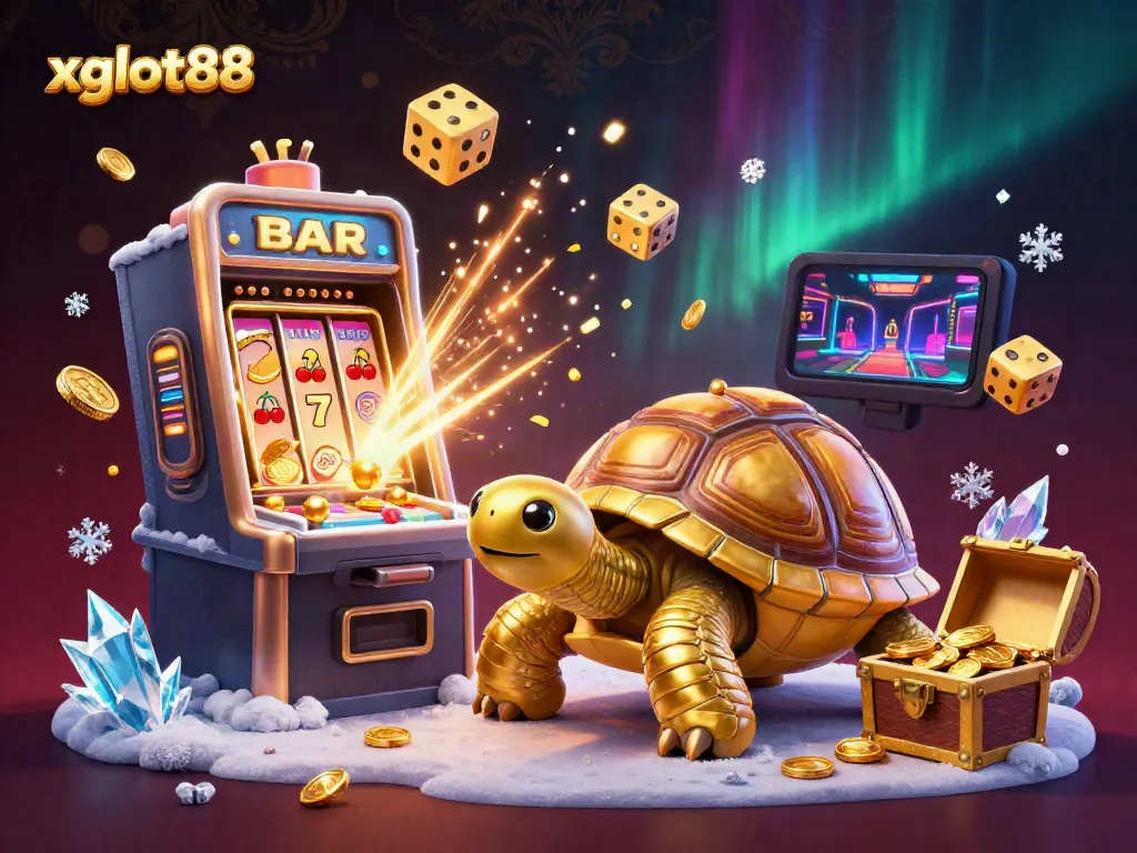 Permainan slot xgslot88 yang menggembirakan dengan kura-kura emas dan jackpot yang meledak di sekelilingnya.