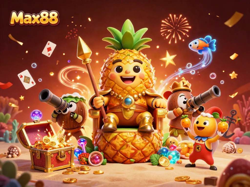 Experience the thrill of Max88 at this vibrant 3D casino scene with characters celebrating wins.
