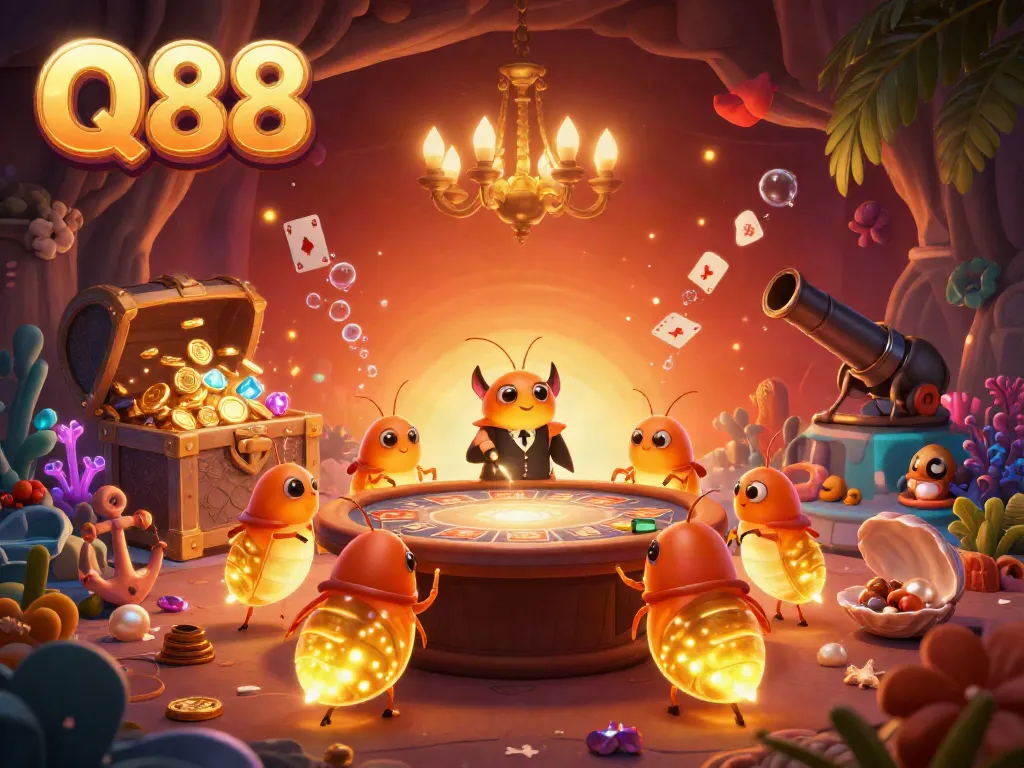 Experience Q88’s glowing casino vibes with cartoon glowworms and vibrant underwater treasures.