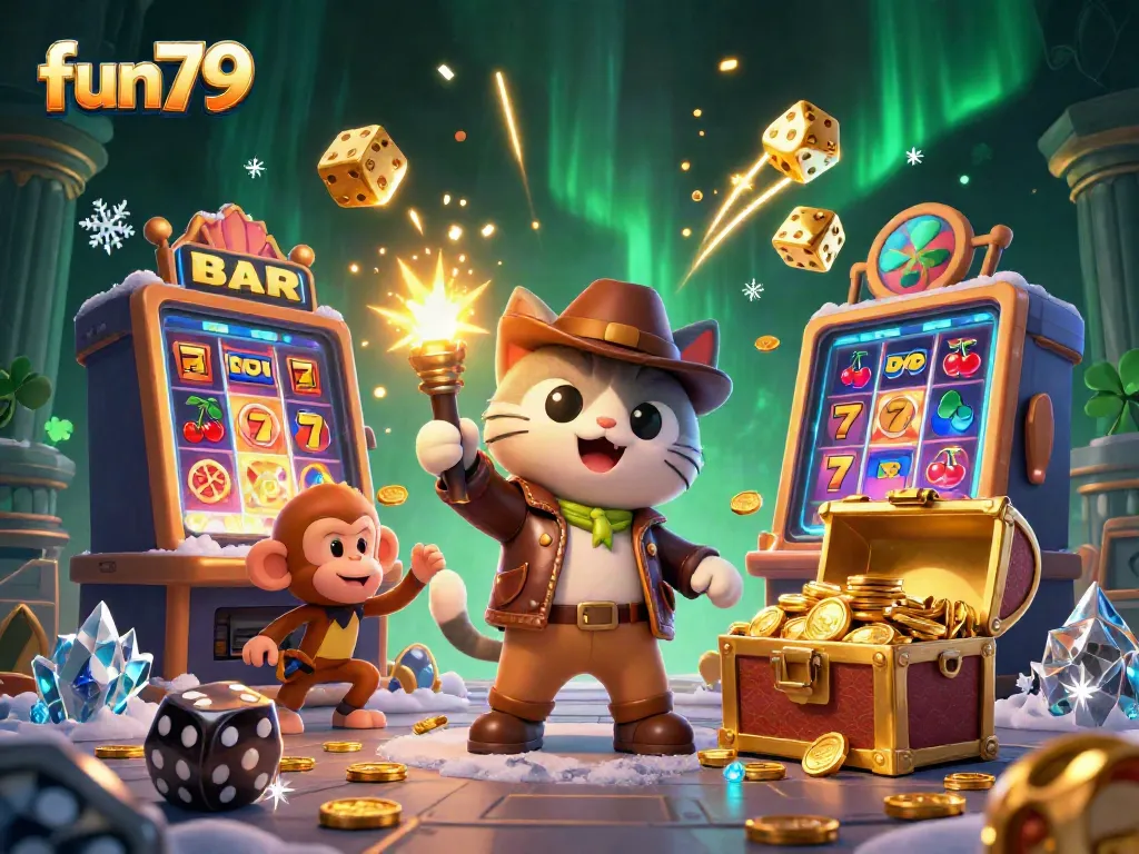 Experience fun79's thrilling casino realms with cartoon characters amidst vibrant slot elements.