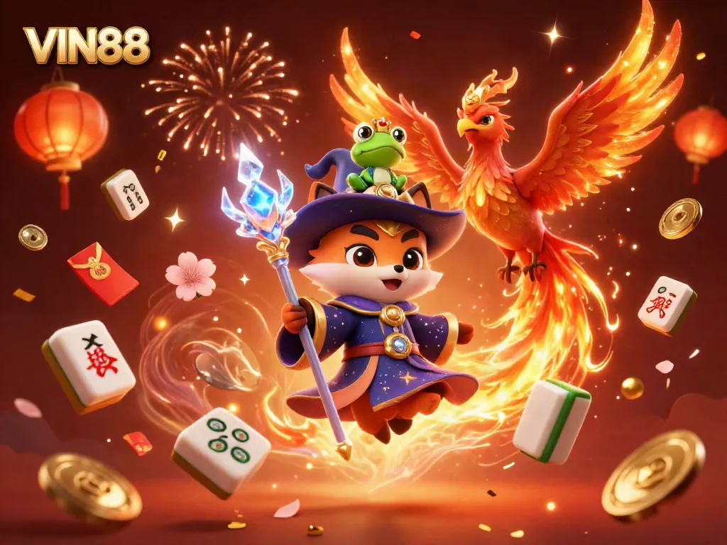 Experience thrilling wins at VIN88 with the mystical wizard fox and phoenix surrounded by vibrant casino elements.