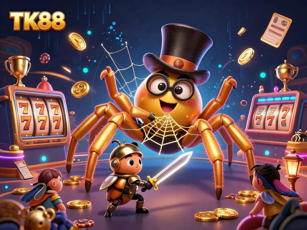 Experience the exciting gaming world at TK88 with unique characters and vibrant casino elements in a dynamic 3D illustration.