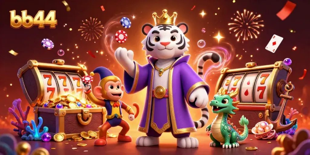 Engaging scene showcasing bb44 with a white tiger royalty and playful monkey amidst casino elements and vibrant confetti.
