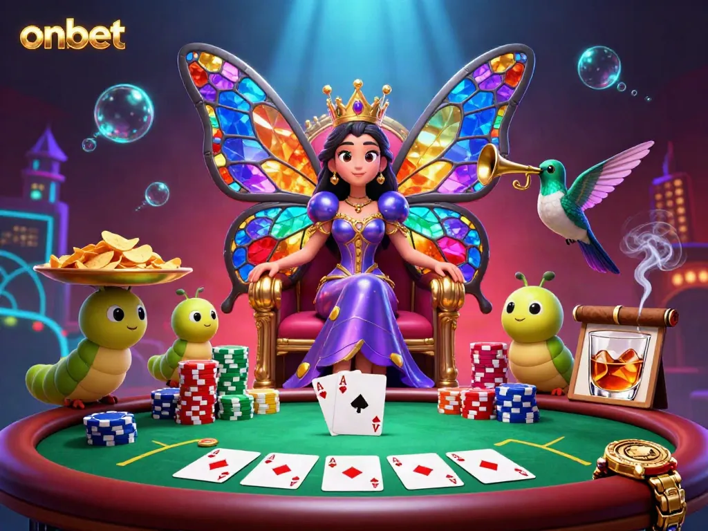 Engage in an onbet poker showdown featuring a vibrant butterfly queen and colorful chips.