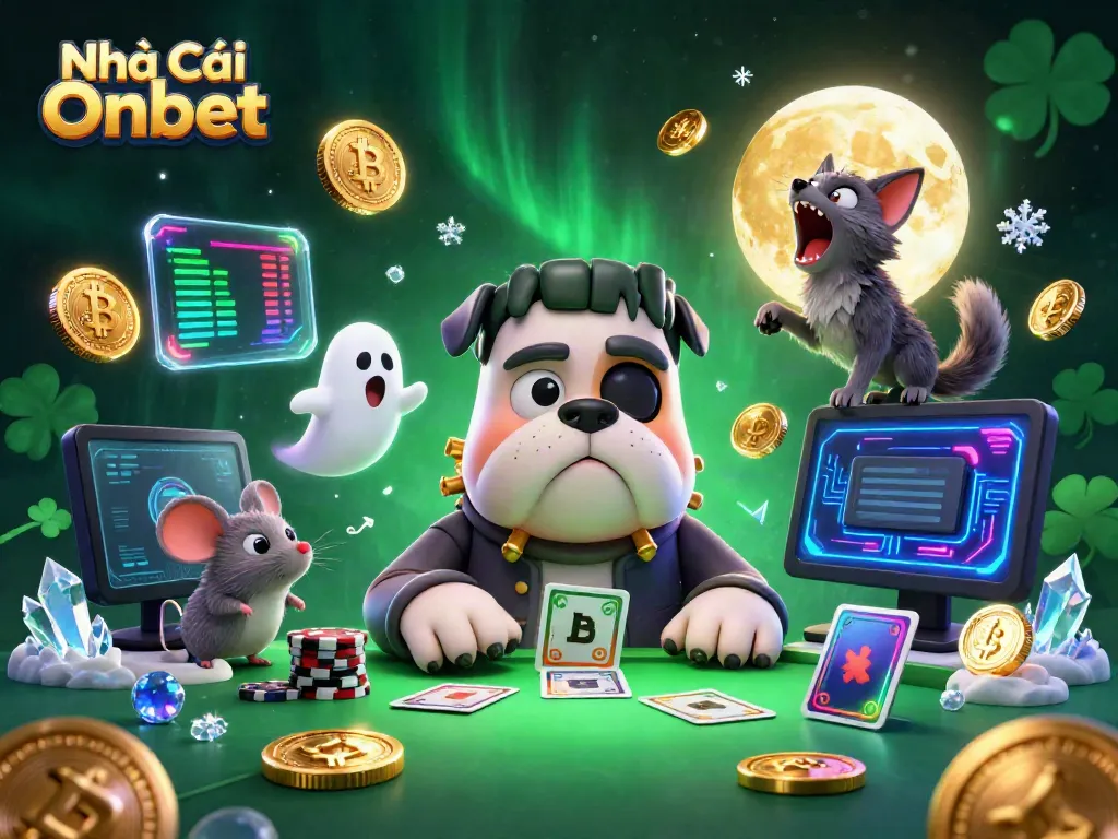 Engage with Nhà Cái Onbet, featuring a lively casino scene with unique characters and crypto elements.