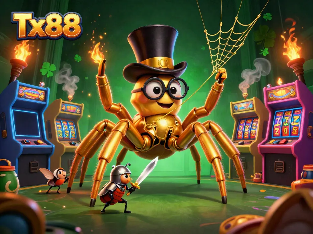 Engage with Tx88's vibrant casino environment featuring a golden tarantula and beetle knight.