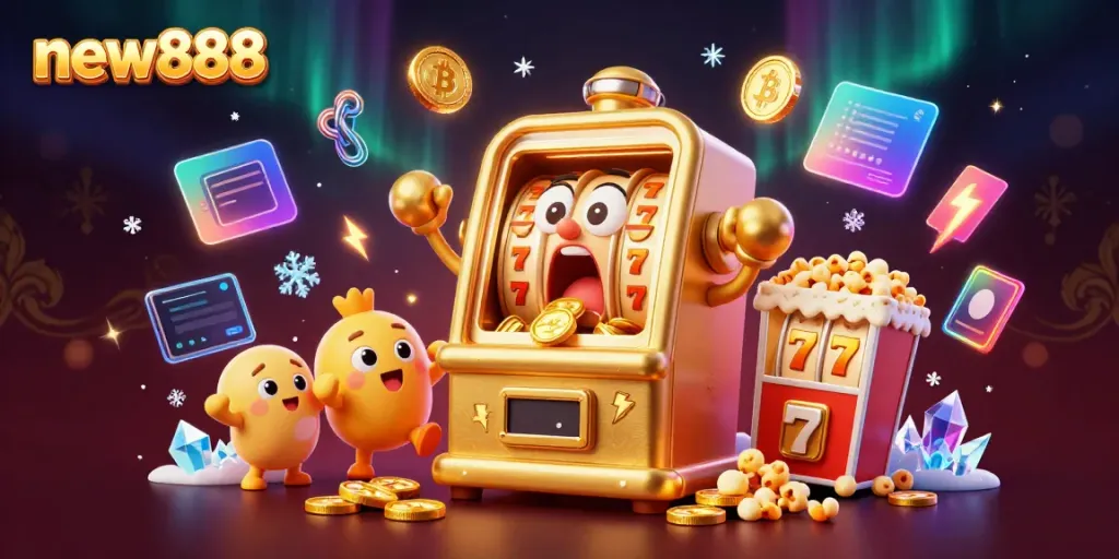 Experience the excitement of new888 with a vibrant 3D slot machine celebrating its jackpot win amidst sparkling coins and crypto elements.
