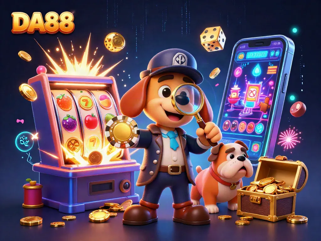 Experience thrilling gameplay at DA88 with cartoon characters exploring a jackpot-filled casino.