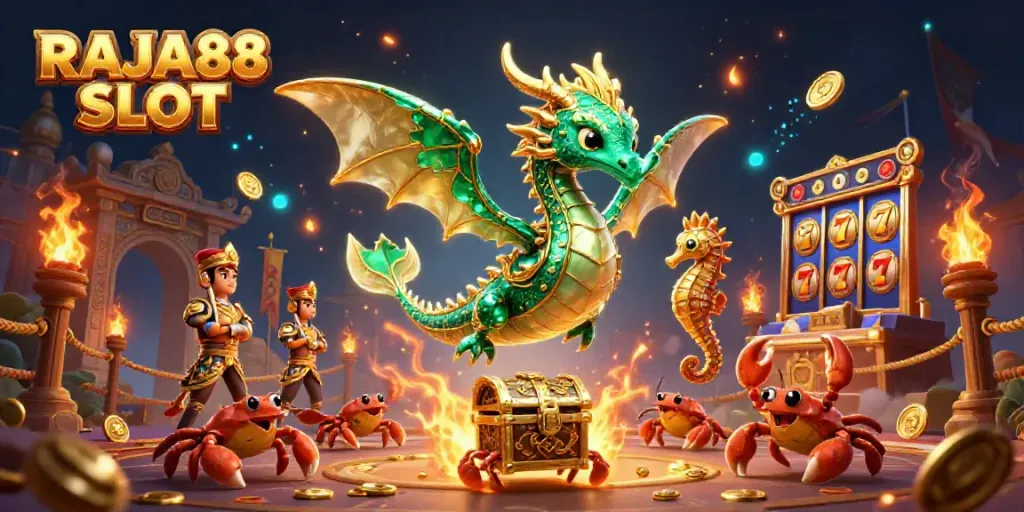 Experience thrilling gameplay with RAJA88 SLOT, featuring vibrant 3D characters and exciting casino elements.