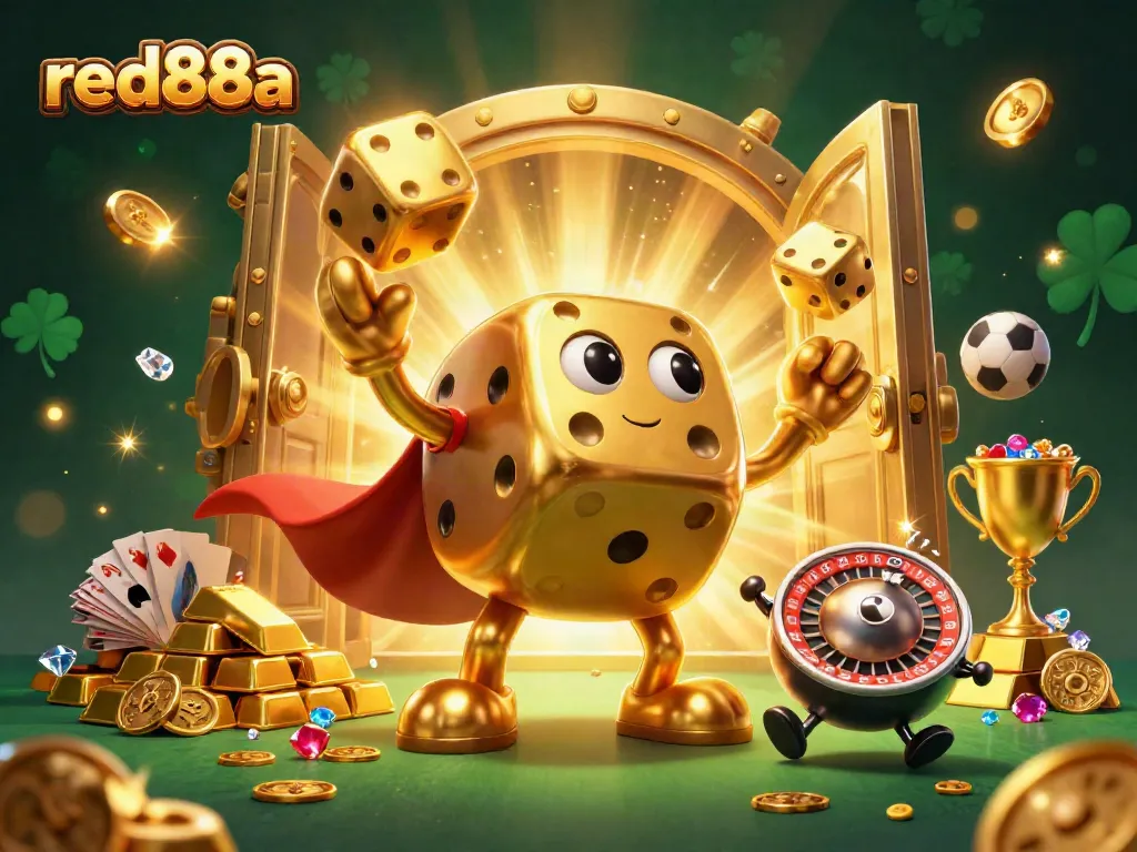 Bet big with red88a as golden dice juggle treasure in a vibrant casino scene.