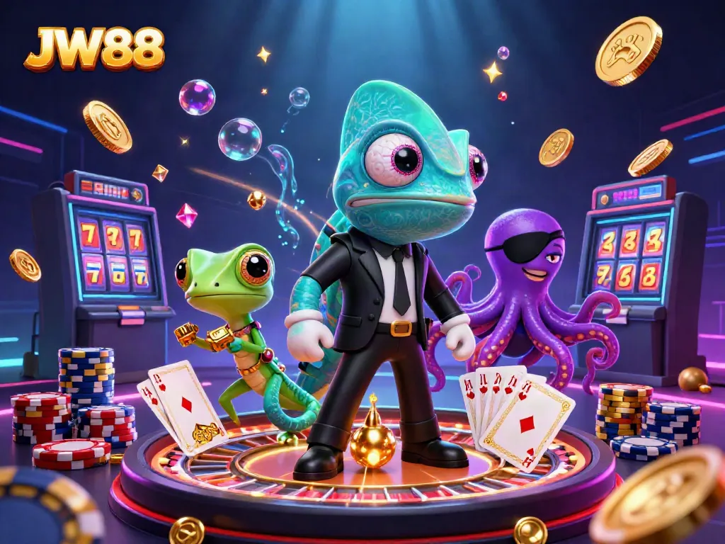 Engage with JW88's vibrant casino scene featuring a cartoon chameleon, gecko, and octopus amidst sparkling coins and cards.