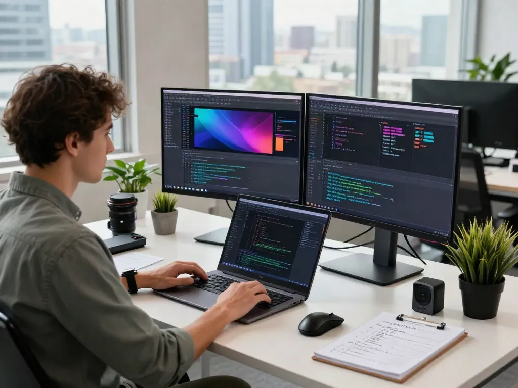 Dynamic software development scene highlighting istana404 technologies in an innovative workspace with coding screens.