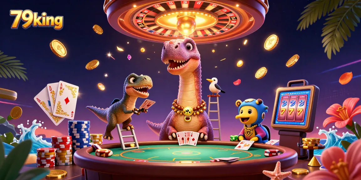 Engage with the vibrant 79king casino scene featuring a brontosaurus and clever raptor card dealer.