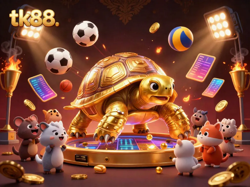 Engage with tk88. at a vibrant casino scene featuring a giant tortoise pinball machine and excited animals.