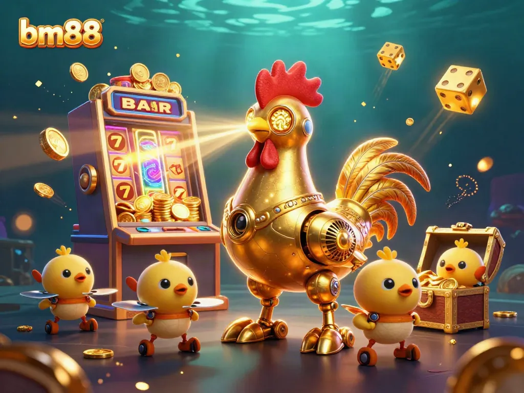 Engage with bm88 at this vibrant casino scene featuring a golden rooster robot and exciting slot action.