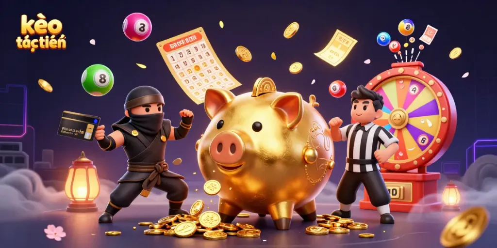 Engage in kèo trực tuyến gaming with a vibrant scene of animated characters and lively gambling elements.