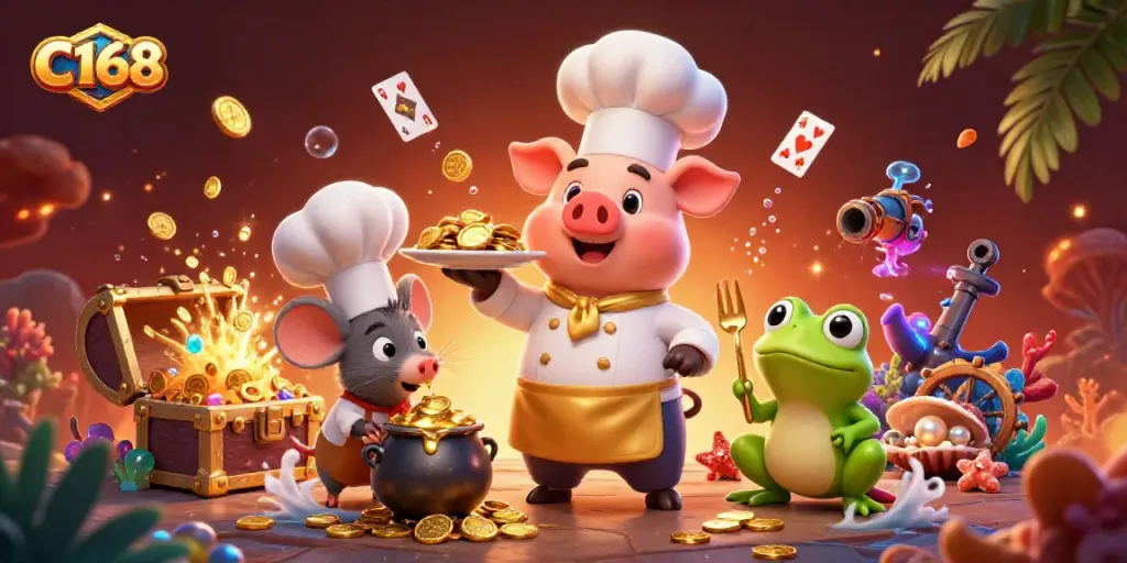 Experience the thrill of C168 with a vibrant 3D scene of gambling characters amidst floating treasures.