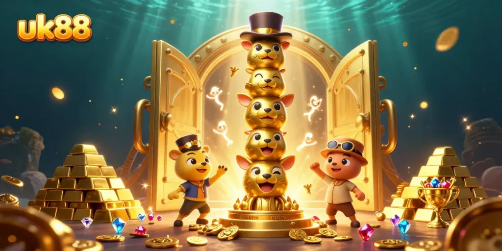 Win big at uk88 with a vibrant casino scene featuring a dynamic totem pole and treasure elements.