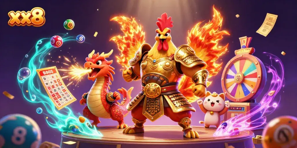 Experience thrilling moments with xx8, featuring a rooster warrior and dragon in dynamic casino scene.