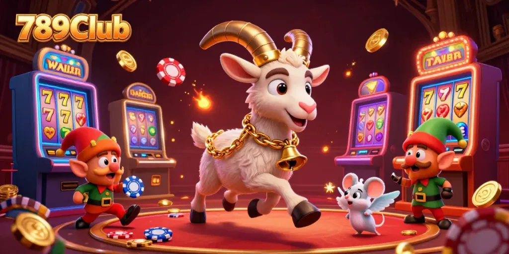 Engage in thrilling games at 789Club with dynamic cartoon characters in a festive casino scene.